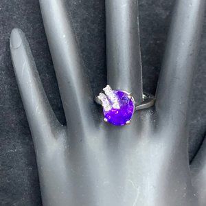 Silver Tone Ring W/ Purple & Clear Rhinestones GR